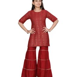 Aarika Kids Maroon Cotton Printed Kurti & Sharara-image-76