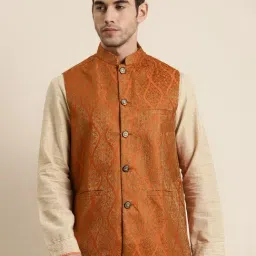 SOJANYA Orange & Gold Regular Fit Jacquard Nehru Jacket-picture-21