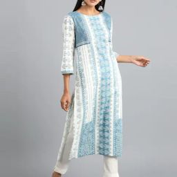 W Blue & White Cotton Printed Straight Kurti-image-28