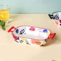 Nestasia Red ribbed floral microwave safe ceramic tray with Handle for baking & serving(25.5 x 14cm)-image-18