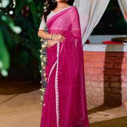 Satrani Pink Net Solid Saree With Unstitched Blouse image 3