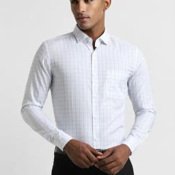 Peter England Elite White Cotton Slim Fit Checks Shirt-image-7