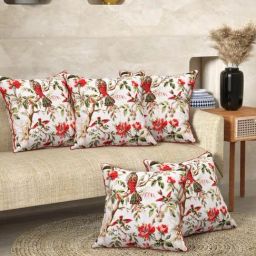 Romee Cream & Red Cotton Floral Printed Cushion Covers - Set of 5-9