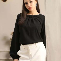 Globus Women Black Jewel Neck Raglan Sleeves Pleated Detail Georgette Party Top-picture-24