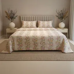 Signature Pink & Beige Floral Cotton 120 TC King Bedsheet with 2 Pillow Covers-picture-32