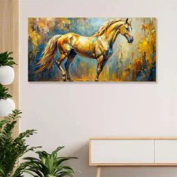 Nestroots Gold & Blue Canvas Majestic Equine Serenity In Nature Wall Painting - Gold Floating Frame-22