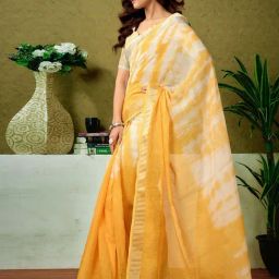 Satrani Yellow Linen Printed Saree With Unstitched Blouse image 3