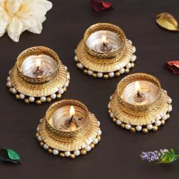 eCraftIndia Gold Aluminium Tea Light Holders - Set of 4-image-87