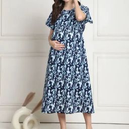 Secret Wish Navy Floral Print Maternity Night Dress-picture-27