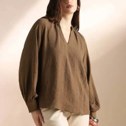 Globus Women Brown Mandarin Neck Raglan Cuffed Sleeves Self Design Gathered Detail Workwear Top-picture-21