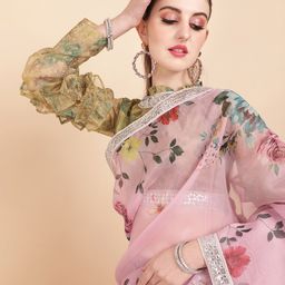 Sangria Pink & Green Floral Organza Saree-image-37