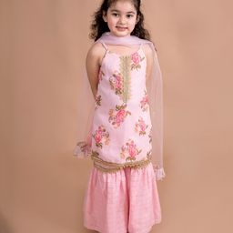 Pspeaches Floral Print Sleeveless Kurta With Sharara & Dupatta - Pink-image-79
