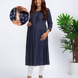 Bella Mama Three Fourth Sleeves Maternity Nursing Printed Kurti - Navy Blue-picture-10