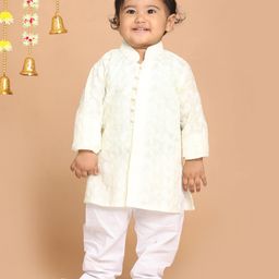 Vastramay Full Sleeves All Over Paisley Embroidered Kurta With Pyjama - Lemon Yellow-picture-36