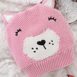 Babyoye 100% Cotton Woollen Cap Bear Embroidery Pink - Diameter 16 cm-image-44