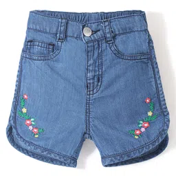 Babyhug Washed Denim Shorts Mid Thigh Floral Embroidered - Blue-picture-12
