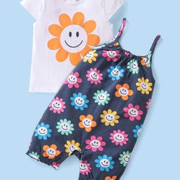 Babyhug Single Jersey Knit Dungaree & Half Sleeves T-Shirt Floral Print - White & Navy Blue-image-71