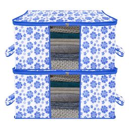 Kuber Industries Underbed Storage Bag   Clothes Storage Organizer  Blanket Cover with Clear Window  Zipper Closure & Handle Cloth Organizer  Flower-Design  Large  Pack of 2  Blue-13