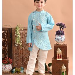 Superminis Full Sleeves Self Designed Embroidered Kurta & Pyjama Set - Sky Blue-image-40