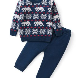 Babyhug Knitted Full Sleeves Sweater Set with Bear & Aztec Design - Navy Blue-image-84