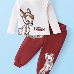 Babyoye Disney Cotton Knit Full Sleeves Frill Detailed T-shirt & Lounge Pants Set With Bambi Graphics - White & Dark Brown-image-43