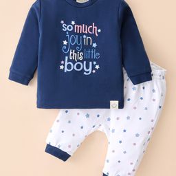 Ollypop Interlock Knit Full Sleeves T-Shirt & Lounge Pants Set With Text & Stars Print - Navy-image-79