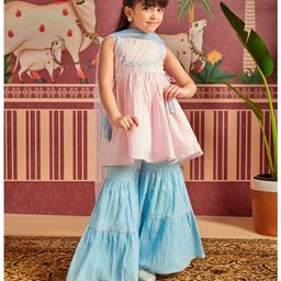 MASTARANG Cotton Sleeveless Floral Embroidered & Gota Lace Embellished Kurta Palazzo Set With Dupatta - Baby Pink-79