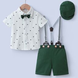 Mark & Mia Cotton Half Sleeves Printed Shirt & Shorts with Bow Suspender & Hat - White & Green-image-11