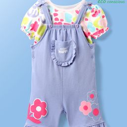 Babyoye 100% Cotton Knit Eco Jiva Finish Floral Printed Dungaree & Hal Puffed Sleeves Inner Tee - Lavender & White-picture-24