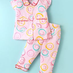 Dew Drops Poplin Knit Half Sleeves Co-Ord Night Suit With Smiley Print - Pink-image-91