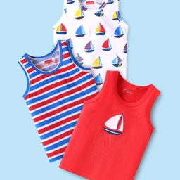 Babyhug 100% Cotton Knit Sleeveless Sando Vests With Boat Print Pack of 3 - Red Blue & White-image-72