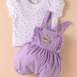 ToffyHouse Half Sleeves Star Print T-Shirt With Checked Dungaree - Purple-image-90
