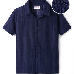 Kookie Kids Textured Knit Half Sleeves Resort Collar Solid Shirt - Navy Blue-image-78