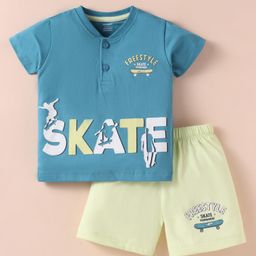 CUCUMBER Sinker Knit Half Sleeves Henley Neck T-Shirt & Shorts Set With Skating Print - Teal Blue-image-35