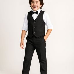 Pine Kids Knit Full Sleeves Solid Color 3 Piece Party Suit with Bow - Black-image-56