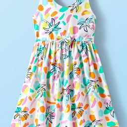 Babyhug Cotton Woven Sleeveless Frock With Tree Print & Bow Applique - White-image-93