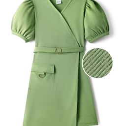Hola Bonita Knit Half Puffed Sleeves Overlap Solid Dress with Pocket Detailing - Olive Green-picture-1