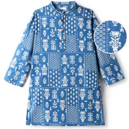 EARTHY TOUCH Cambric Woven Full Sleeves Kurta With Floral Print - Light Blue-image-94
