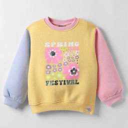 Little Kangaroos Fleece Knit Full Sleeves Sweatshirt With Floral Print - Yellow-image-87