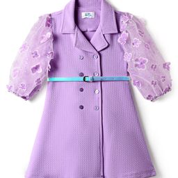 Hola Bonita Knit Three Fourth Sleeves Sequinned Textured Fabric Shirt Dress With Bow Applique & Belt - Lavender-image-88
