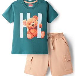 Babyhug Single Jersey Knit Half Sleeves T-Shirt and Shorts Set With Teddy Print - Dark Green-picture-13