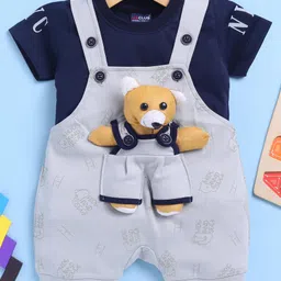 Jb Club Cotton Knit Teddy Bear Applique Detailed Dungaree With Half Sleeves Tee Set - Grey-picture-14