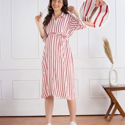 Bella Mama Woven Three Fourth Sleeves Maternity Shirt Dress With Stripes - Red & White-picture-34