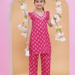 MODISH COUTURE Cotton Woven Frill Sleeves Floral Woven Sleeveless Floral Printed & Gota Lace Embellished Coordinating Kurti Pant Set - Pink-picture-1