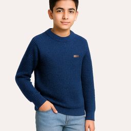 KUCHIPOO Fleece Knit Full Sleeves Textured Sweater - Blue-picture-42