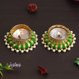 eCraftIndia Green Aluminium Tea Light Holders - Set of 2-21