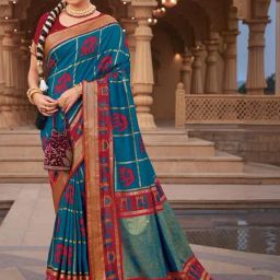 Satrani Blue & Pink Printed Saree With Unstitched Blouse-image-46