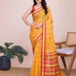 Anjaneya Sarees Yellow Cotton Silk Saree with Unstiched Blouse-picture-25