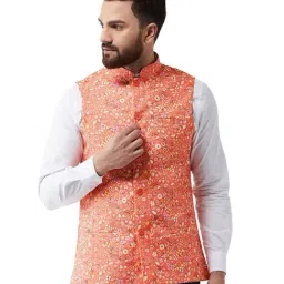 Sojanya Dark Peach & Yellow Printed Nehru Jacket-picture-6
