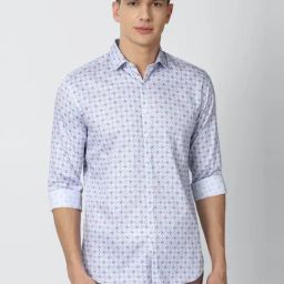 V Dot Blue Cotton Slim Fit Printed Shirt-image-78